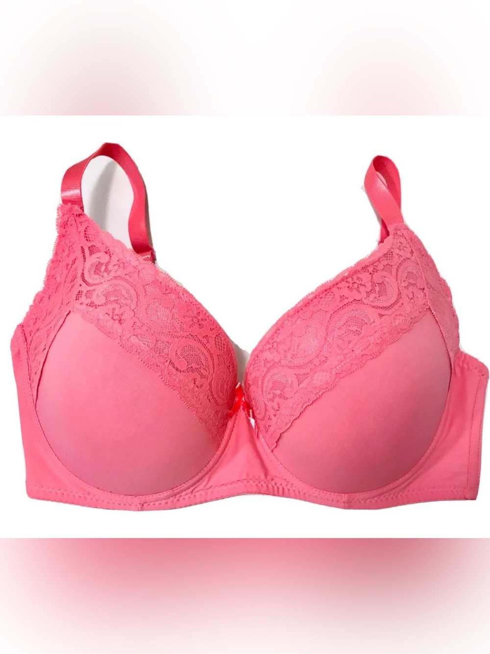 Delta Burke Bra Size 38DD Pink Lace Bow Accent Padded Full Cover Underwire Bra